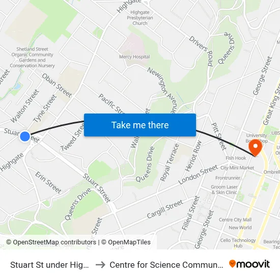 Stuart St under Highgate to Centre for Science Communication map