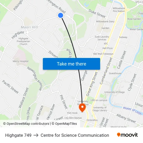 Highgate 749 to Centre for Science Communication map