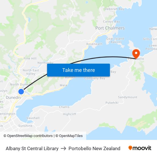 Albany St Central Library to Portobello New Zealand map