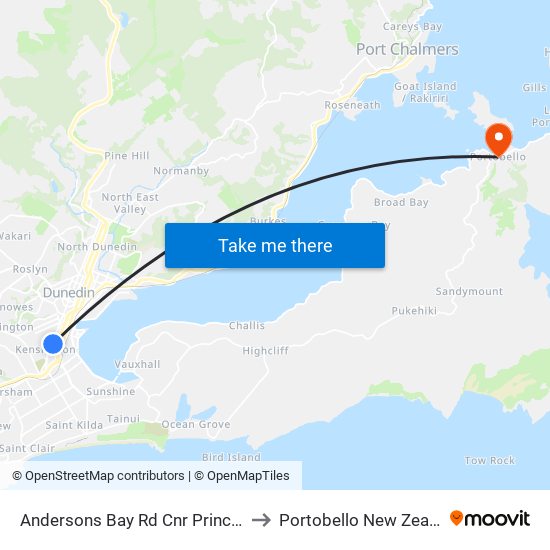 Andersons Bay Rd Cnr Princes St to Portobello New Zealand map