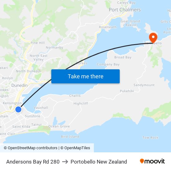 Andersons Bay Rd 280 to Portobello New Zealand map