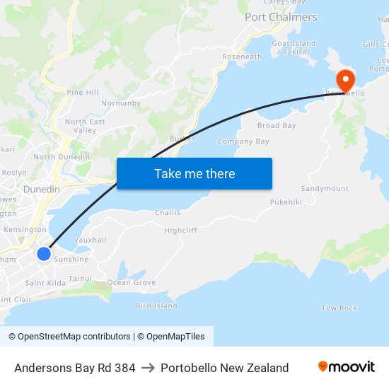 Andersons Bay Rd 384 to Portobello New Zealand map