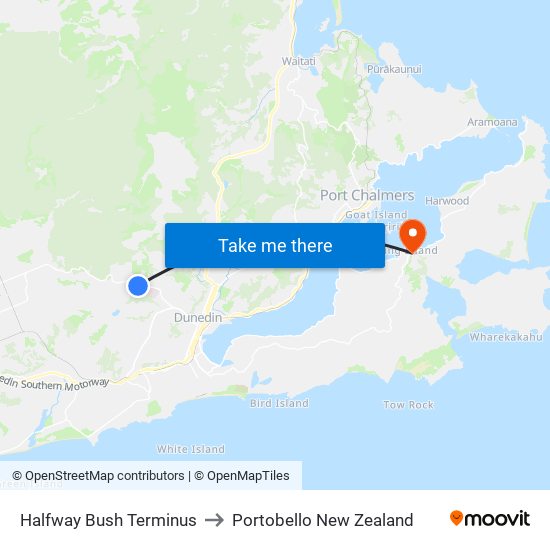 Halfway Bush Terminus to Portobello New Zealand map