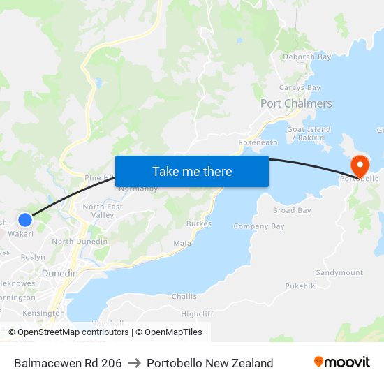 Balmacewen Rd 206 to Portobello New Zealand map