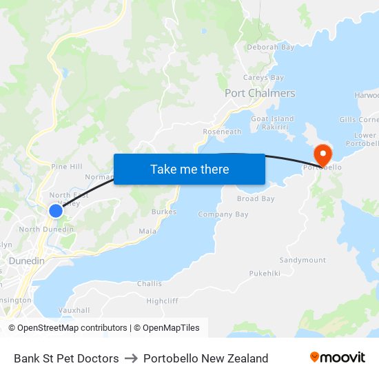 Bank St Pet Doctors to Portobello New Zealand map