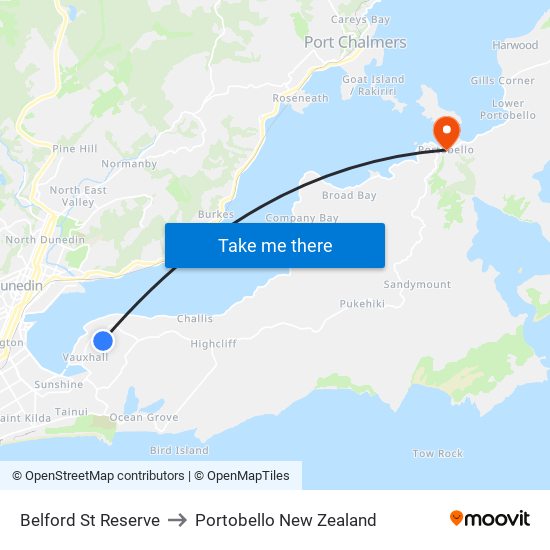 Belford St Reserve to Portobello New Zealand map