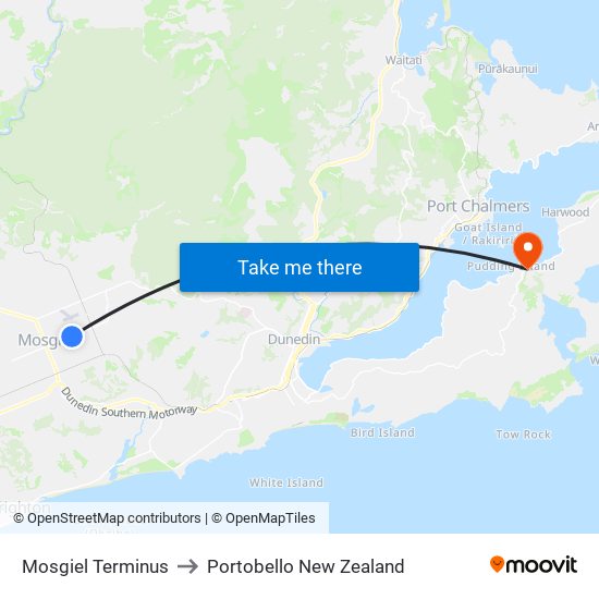 Mosgiel Terminus to Portobello New Zealand map