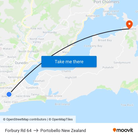 Forbury Rd 64 to Portobello New Zealand map