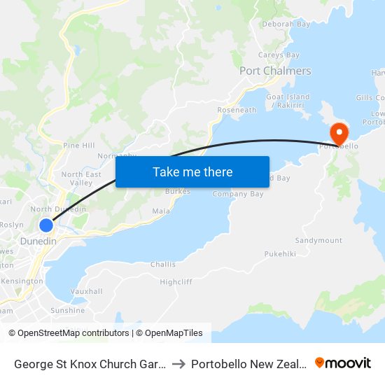 George St Knox Church Garden to Portobello New Zealand map
