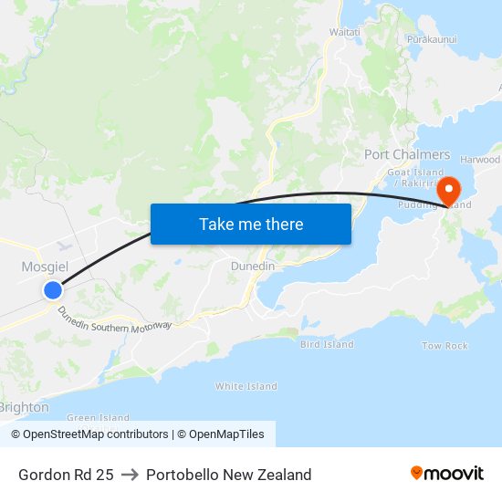 Gordon Rd 25 to Portobello New Zealand map