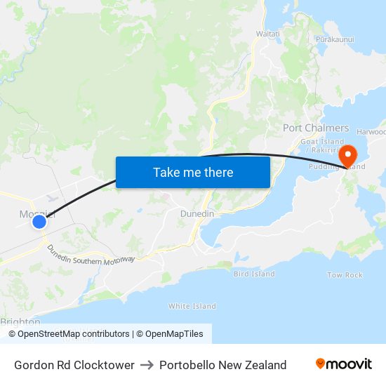 Gordon Rd Clocktower to Portobello New Zealand map
