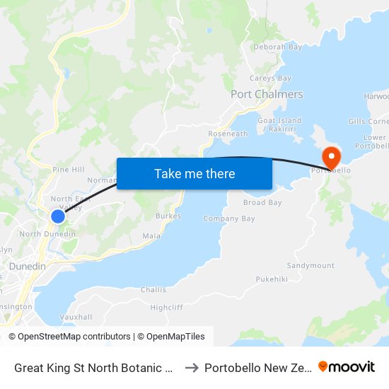 Great King St North Botanic Gardens to Portobello New Zealand map