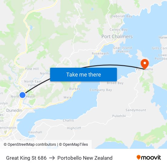 Great King St 686 to Portobello New Zealand map