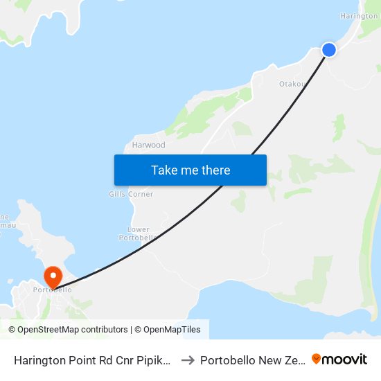 Harington Point Rd Cnr Pipikaretu Rd to Portobello New Zealand map
