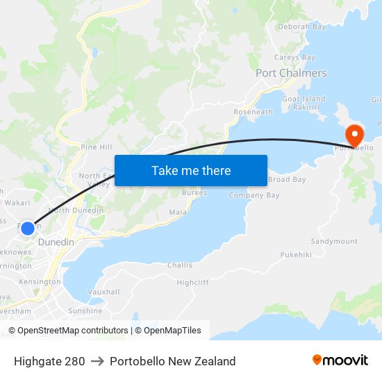 Highgate 280 to Portobello New Zealand map