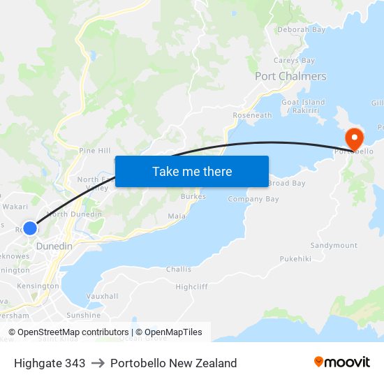 Highgate 343 to Portobello New Zealand map