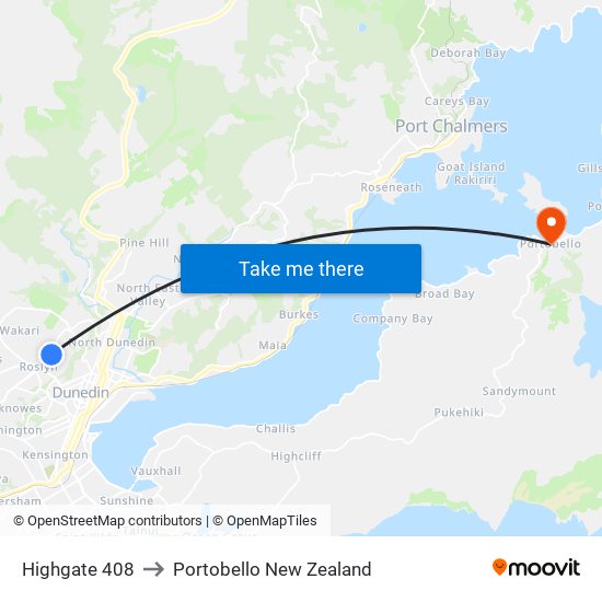 Highgate 408 to Portobello New Zealand map