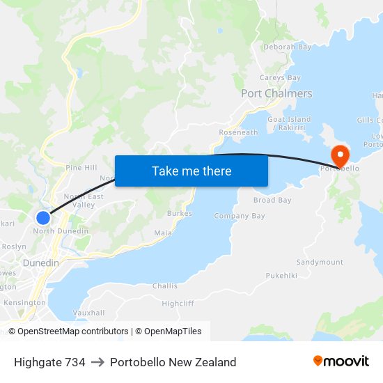 Highgate 734 to Portobello New Zealand map