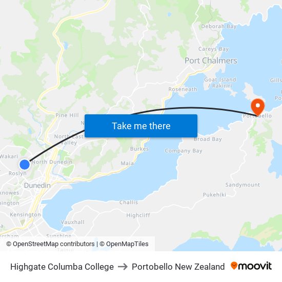 Highgate Columba College to Portobello New Zealand map