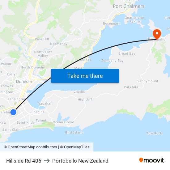 Hillside Rd 406 to Portobello New Zealand map