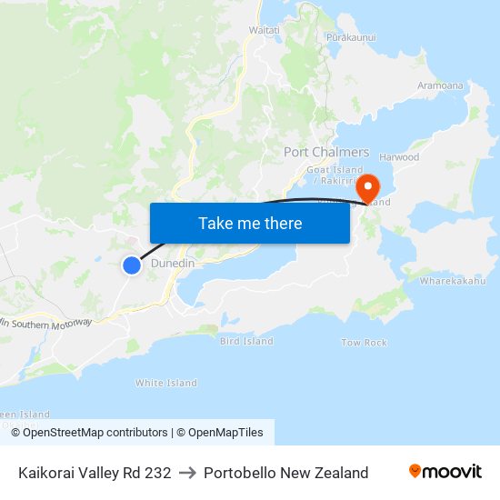 Kaikorai Valley Rd 232 to Portobello New Zealand map