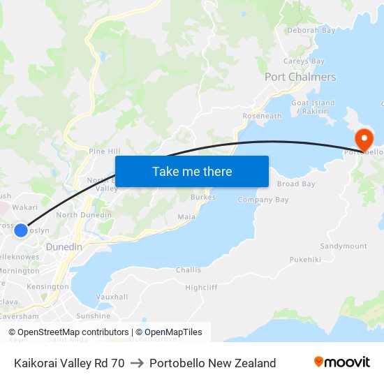 Kaikorai Valley Rd 70 to Portobello New Zealand map