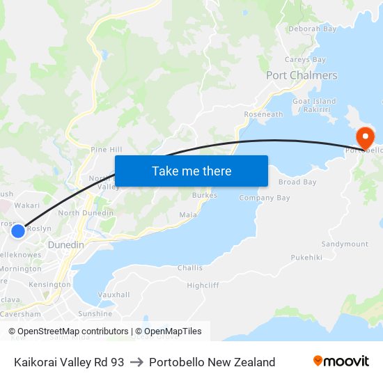 Kaikorai Valley Rd 93 to Portobello New Zealand map