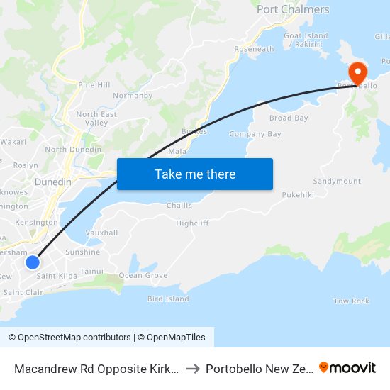 Macandrew Rd Opposite Kirkcaldy St to Portobello New Zealand map