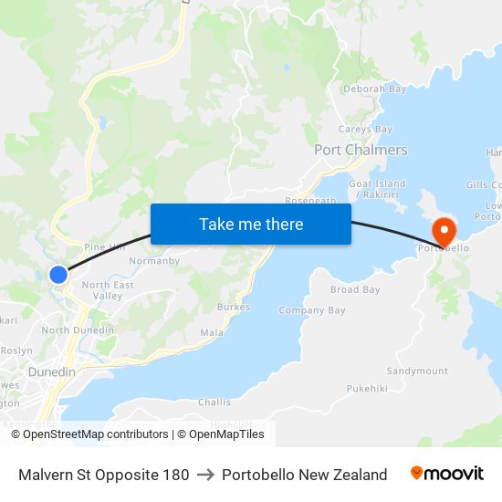 Malvern St Opposite 180 to Portobello New Zealand map