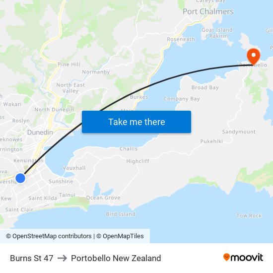 Burns St 47 to Portobello New Zealand map