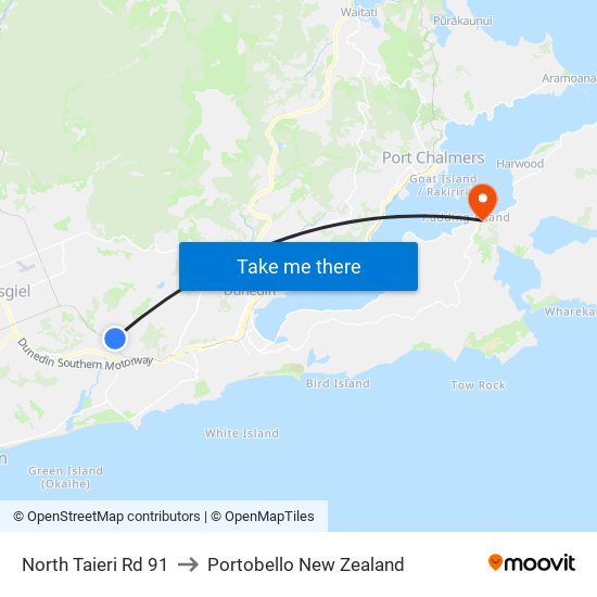 North Taieri Rd 91 to Portobello New Zealand map