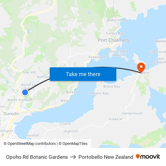 Opoho Rd Botanic Gardens to Portobello New Zealand map