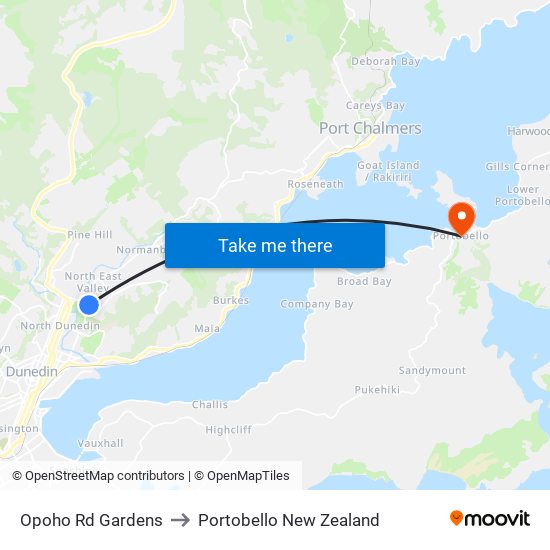 Opoho Rd Gardens to Portobello New Zealand map