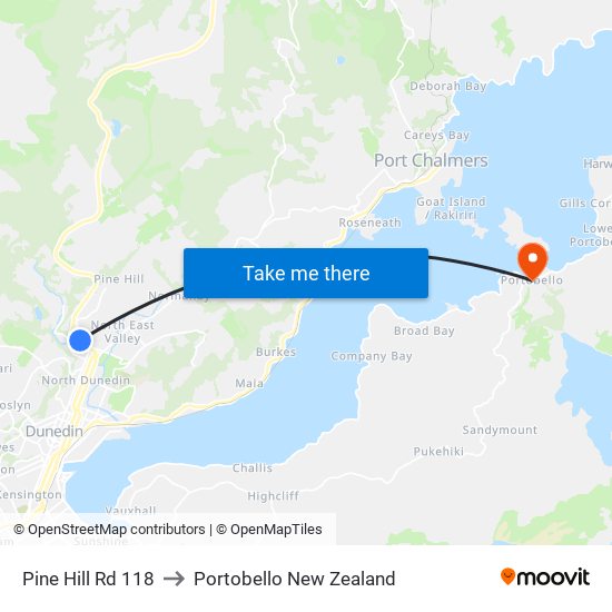 Pine Hill Rd 118 to Portobello New Zealand map