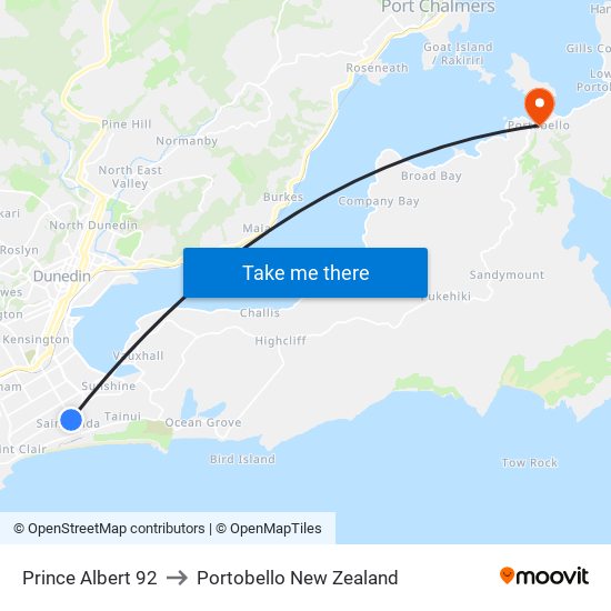 Prince Albert 92 to Portobello New Zealand map