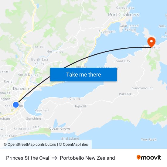 Princes St the Oval to Portobello New Zealand map