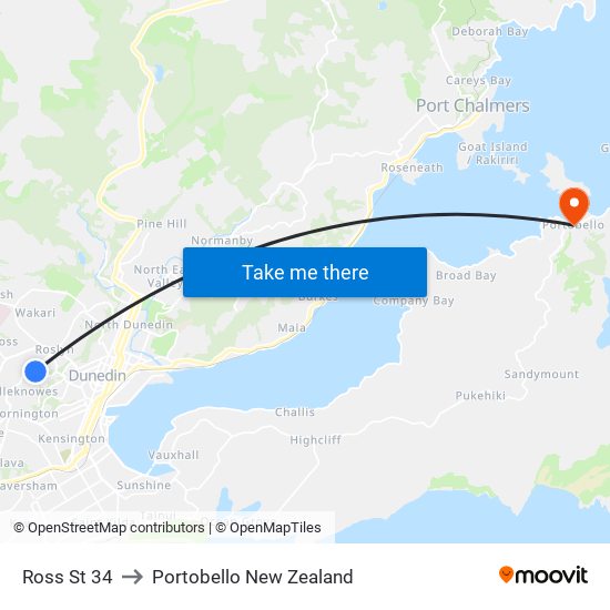 Ross St 34 to Portobello New Zealand map