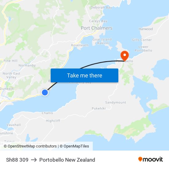 Sh88 309 to Portobello New Zealand map