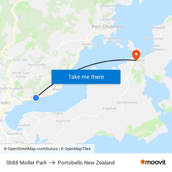 Sh88 Moller Park to Portobello New Zealand map