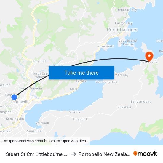 Stuart St Cnr Littlebourne Rd to Portobello New Zealand map