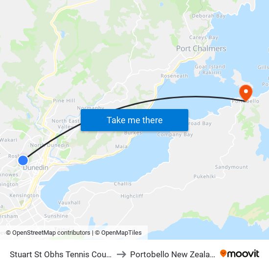 Stuart St Obhs Tennis Courts to Portobello New Zealand map