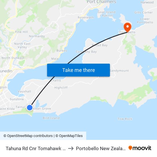 Tahuna Rd Cnr Tomahawk Rd to Portobello New Zealand map