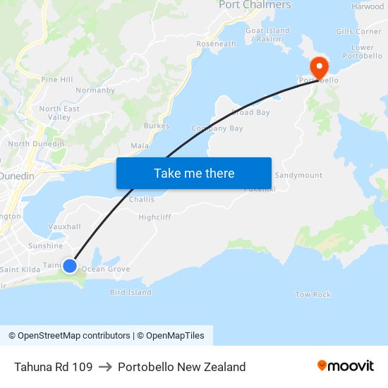 Tahuna Rd 109 to Portobello New Zealand map