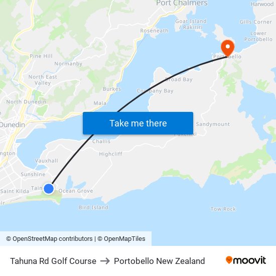 Tahuna Rd Golf Course to Portobello New Zealand map