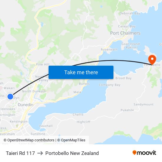 Taieri Rd 117 to Portobello New Zealand map