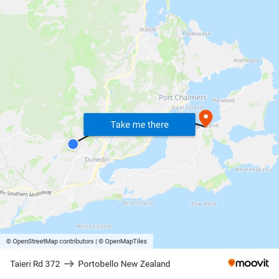 Taieri Rd 372 to Portobello New Zealand map