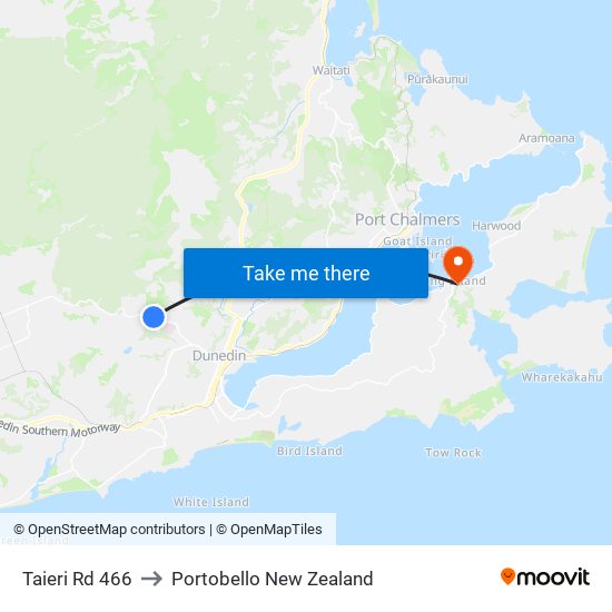 Taieri Rd 466 to Portobello New Zealand map
