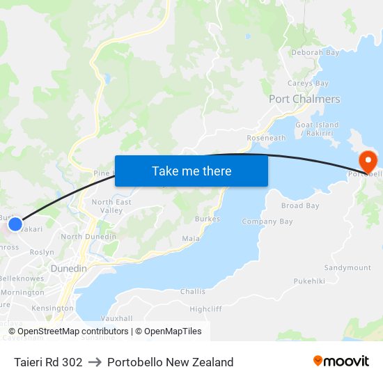 Taieri Rd 302 to Portobello New Zealand map