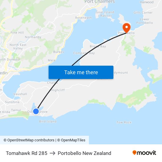 Tomahawk Rd 285 to Portobello New Zealand map