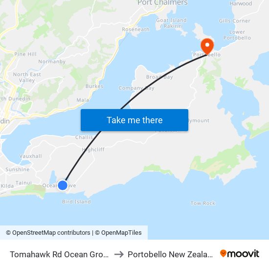 Tomahawk Rd Ocean Grove to Portobello New Zealand map